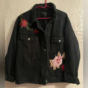 Haute Monde Faded Black Jean Jacket Patches & Embroidered Colorful Flowers; 2XL